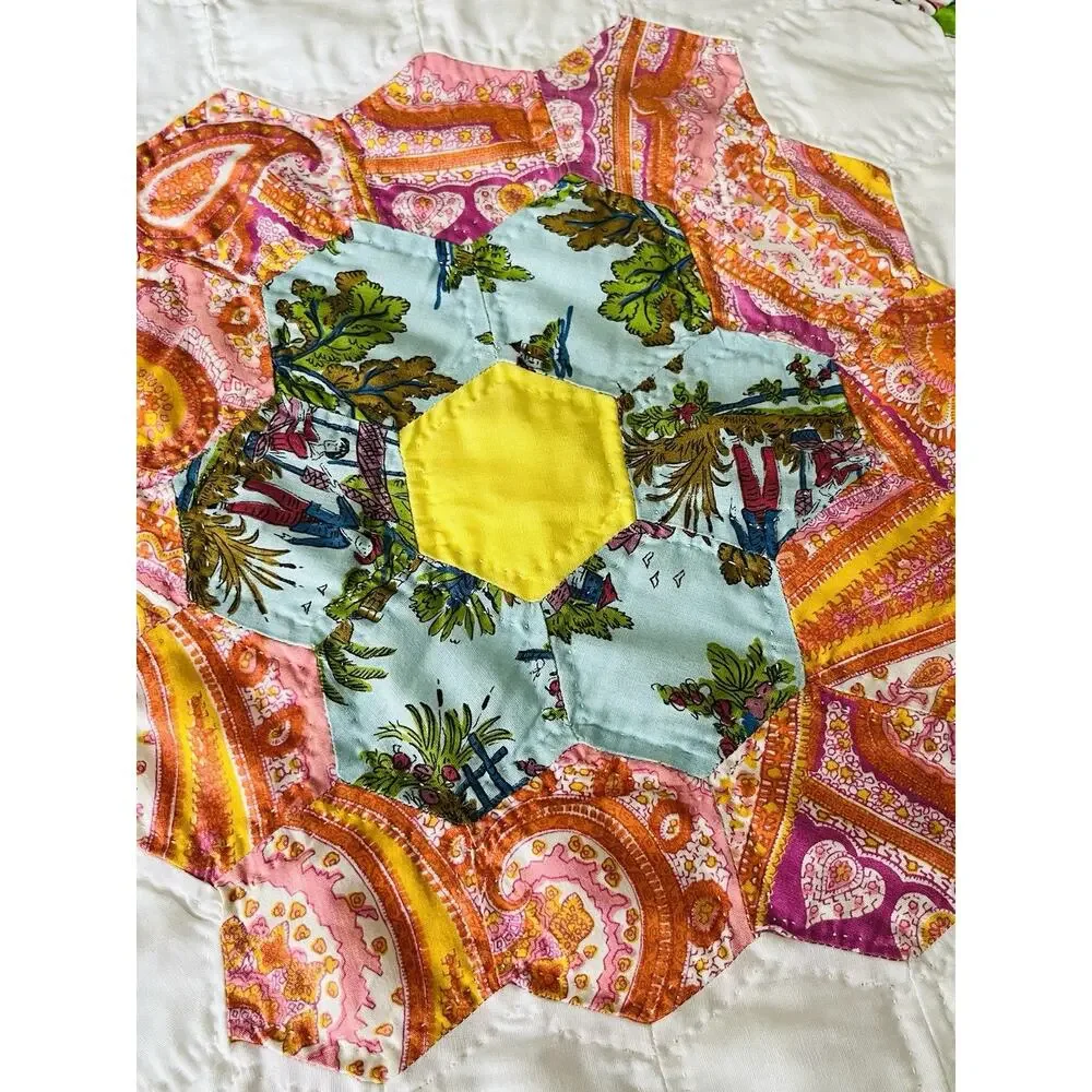Vintage handmade Quilt Grandmother's Flower Garden 50s 60s 70s fabrics 102 x 88